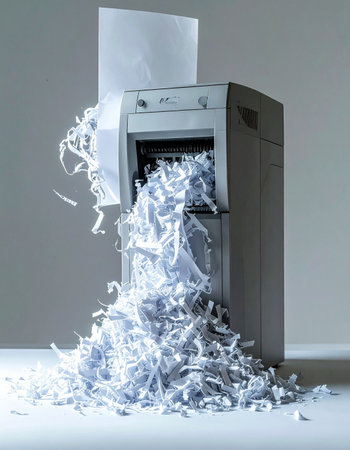 An office paper shredder is pushed to its limits, overflowing with a mountain of shredded documents.の素材