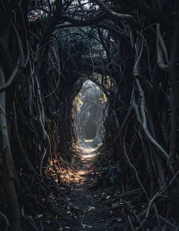A narrow, winding path cuts through a dark and mysterious forest. Gnarled, ancient trees form a natural tunnel, their branches intertwining overhead.の素材