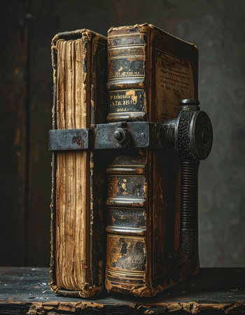 Two ancient, weathered tomes are bound together by a heavy, intricate iron lock, their secrets held captive within.の素材