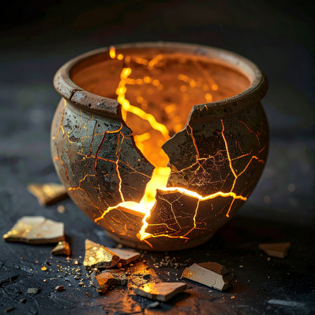 An ancient, shattered pot rests in darkness, its fragments scattered.の素材