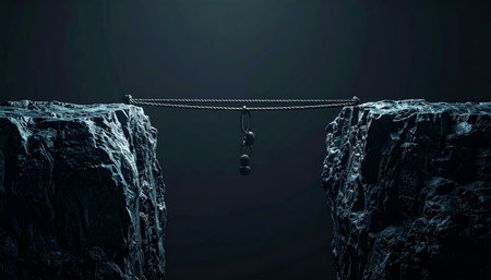 In the vast, silent darkness, a team of individuals clings desperately to a single rope spanning a bottomless chasm.の素材
