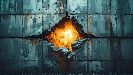 A glowing orange inferno burns a molten breach through a weathered industrial metal wall.の素材