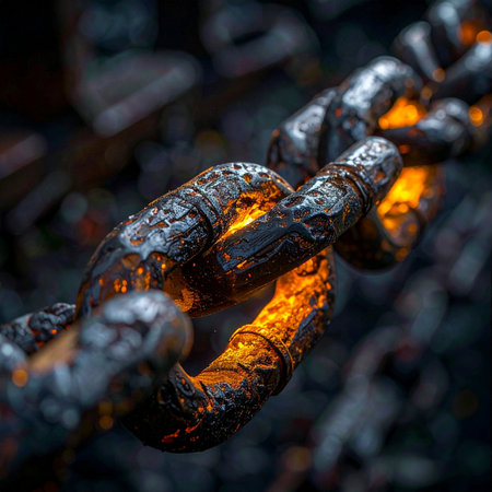 A heavy iron chain glows with intense, residual heat, its links tested to their absolute limit.の素材