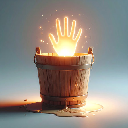 From a simple wooden bucket, a luminous hand emerges, casting a warm and hopeful glow.の素材