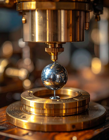 In a high-tech laboratory, a sophisticated brass instrument meticulously positions a flawless chrome sphere.の素材
