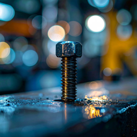 A single, precisely threaded steel bolt stands ready on a metal workbench, a fundamental component in a larger machine.の素材