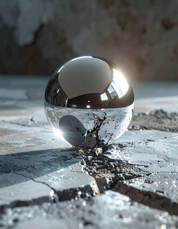 A mysterious, highly reflective metallic sphere makes a powerful impact, cracking the solid concrete ground beneath it.の素材