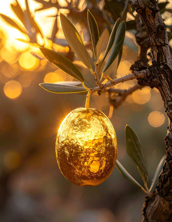 In a sun-drenched grove, a single, extraordinary golden olive hangs from a branch, its metallic surface glowing in the warm light of a magical sunset.の素材