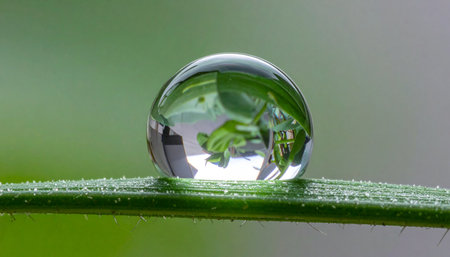 A single, perfect sphere of water clings to a vibrant green blade of grass, capturing and refracting the world within its tiny lens.の素材