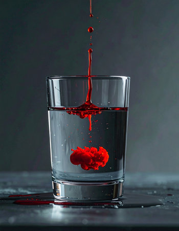 A dramatic moment captured as a vibrant red liquid is dropped into a clear glass of water, creating an abstract, cloud-like plume as it disperses.の素材