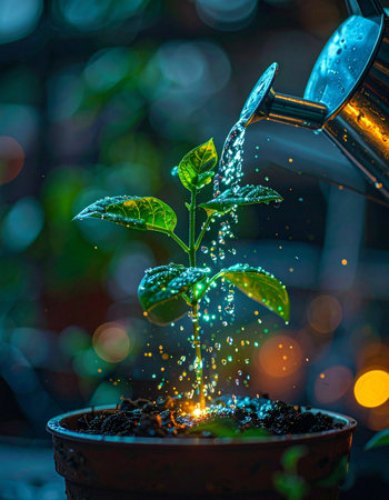 In the quiet of the night, a small seedling receives a life-giving shower of magical, sparkling water.の素材