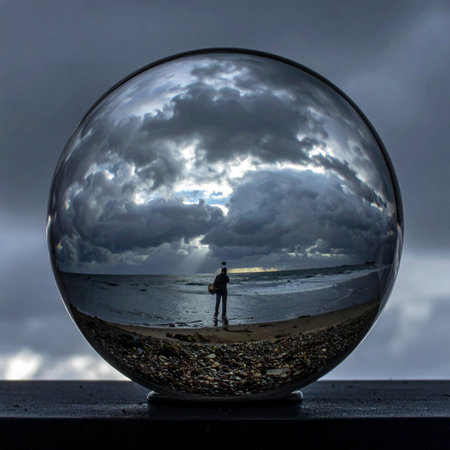 A lone figure stands on a desolate beach under a dramatic, cloudy sky, their world captured and inverted within a crystal ball.の素材