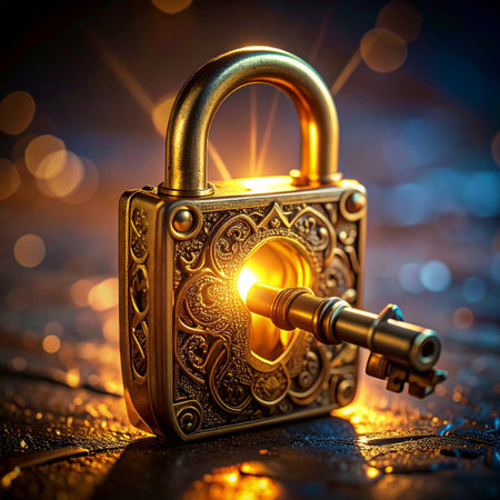 A vintage, ornate key turns within a glowing lock, symbolizing the moment of breakthrough and discovery.の素材