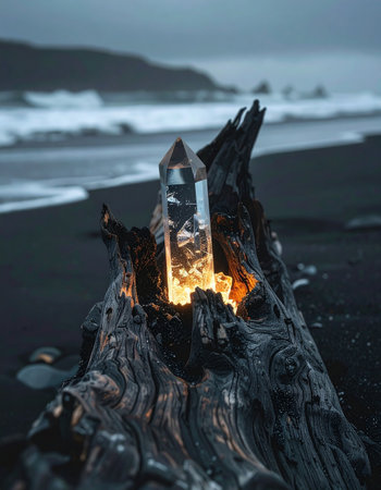 A powerful quartz crystal, nestled in ancient driftwood, emits a warm, magical glow against the cool, moody backdrop of a dark sand beach at twilight.の素材