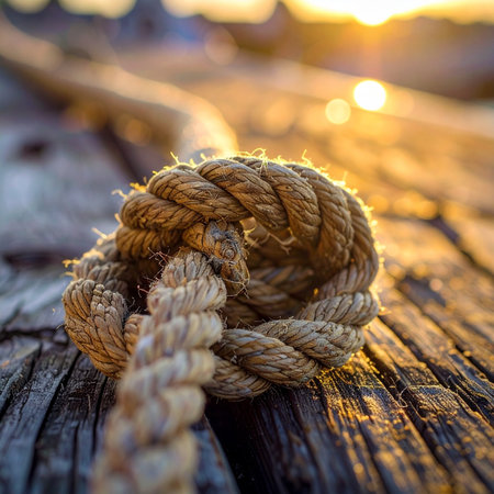 As the sun sets over the harbor, its warm golden light illuminates a thick, weathered rope securely knotted to the old wooden pier.の素材
