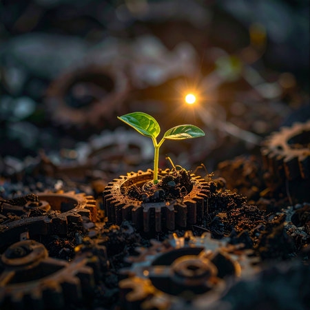 In a forgotten landscape of rusted machinery, a single, determined sprout emerges from the heart of a metal gear.の素材