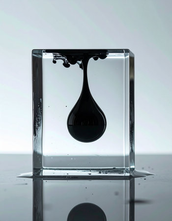 A single, heavy drop of black, viscous liquid is captured in a moment of suspended animation as it descends through a clear fluid within a glass cube.の素材