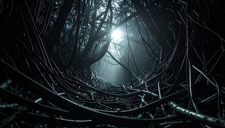 A single, brilliant light source pierces the oppressive darkness of a dense, tangled thicket.の素材