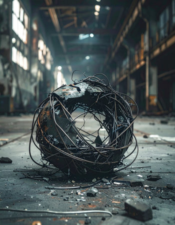 In the heart of a forgotten factory, a strange, tangled sphere of wires and metal rests on the dusty floor.の素材