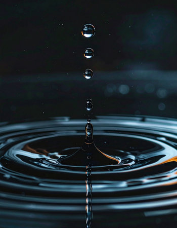 A single, perfect drop of water falls into a still, dark pool, its impact sending out a series of mesmerizing concentric ripples.の素材