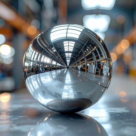 A perfectly polished steel sphere rests on a reflective surface, capturing the vast, orderly interior of a modern factory in its flawless reflection.の素材
