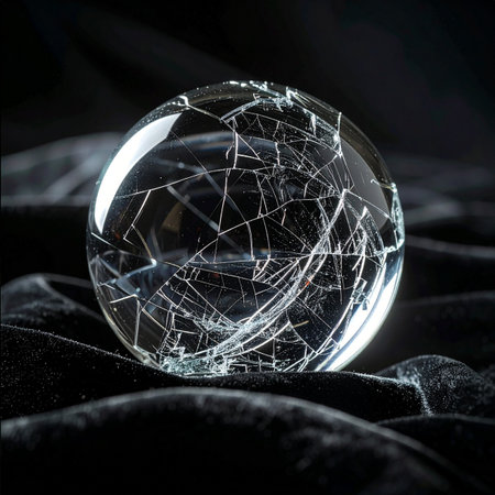 A glass sphere, once a clear vessel for seeing the future, now lies shattered on dark velvet.の素材