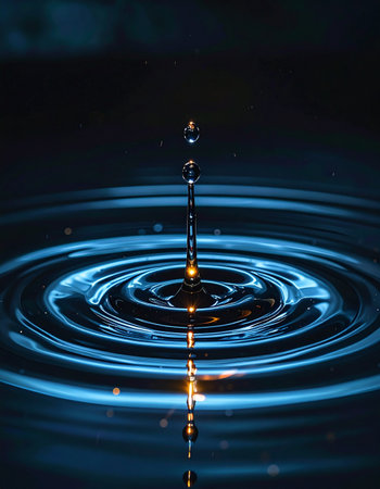 A single, golden-hued droplet makes a precise impact on a calm, dark blue water surface.の素材