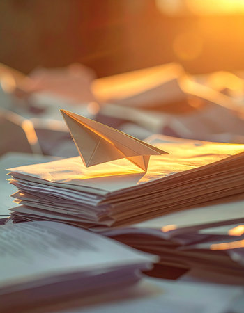 A single paper airplane rests atop a stack of letters, bathed in the warm, golden glow of a rising or setting sun.の素材