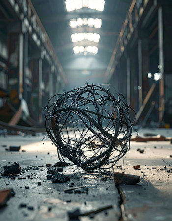A tangled sphere of dark wire rests on the debris-covered floor of a vast, abandoned warehouse.の素材
