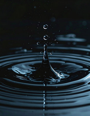 A single drop of pure water makes an impact on a still, dark surface, sending out perfect concentric ripples.の素材