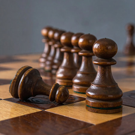 In a game of wits and strategy, the first pawn has fallen. A symbolic sacrifice or a devastating loss, it lies before its comrades who stand in a stoic line, ready for the next move.の素材