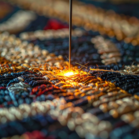 A focused beam of intense light meticulously carves a complex design into a richly textured textile.の素材