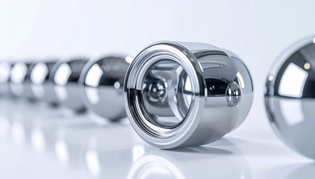 A macro shot captures a perfectly aligned row of polished chrome spheres, their reflective surfaces gleaming against a sterile white background.の素材