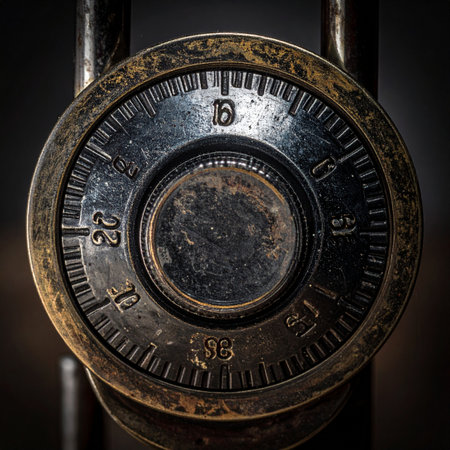 A close-up of a weathered, vintage combination lock, its metallic face etched with time and secrets.の素材