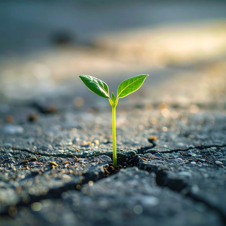 Against all odds, a tiny green seedling emerges from a crack in the dark, unforgiving pavement.の素材