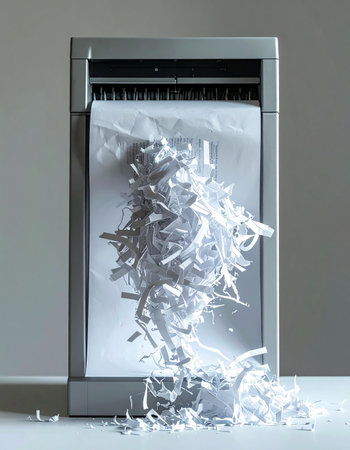 A close-up view of an office paper shredder turning a white sheet into a pile of unrecognizable strips.の素材