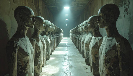 In a dimly lit, concrete corridor, endless rows of identical androids stand in silent formation, awaiting activation.の素材