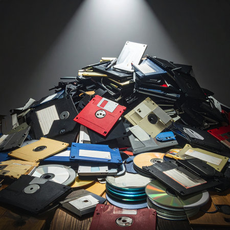 A dramatic spotlight illuminates a large pile of outdated digital media, including floppy disks and CDs.の素材