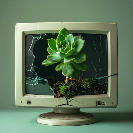 A vibrant succulent bursts through the cracked screen of an obsolete computer monitor, symbolizing a powerful message of renewal, sustainable growth, and life finding a way even amidst discarded tech.の素材