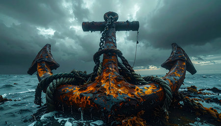 A massive, rust-covered anchor rests on deck, a testament to countless voyages.の素材