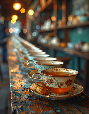 A line of beautifully ornate, vintage teacups sits ready on a rustic wooden counter, filled with warm tea.の素材