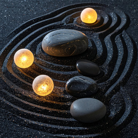 A tranquil scene unfolds as illuminated orbs cast a gentle glow across a meticulously arranged Zen garden.の素材
