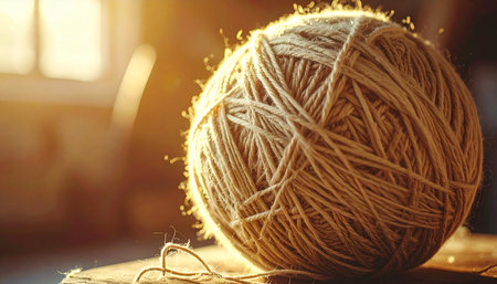 A ball of natural jute twine rests on a rustic wooden surface, beautifully backlit by the warm, golden glow of the morning sun.の素材