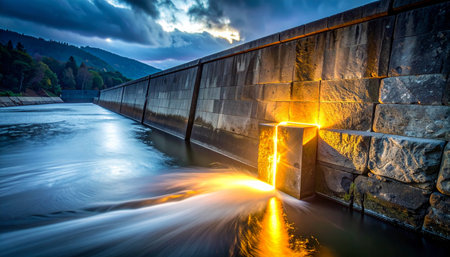At the edge of twilight, a powerful stream of water bursts forth from a massive concrete dam, illuminated by a mysterious golden glow.の素材