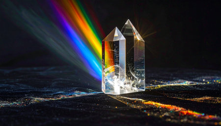 A beam of pure white light enters two clear quartz crystal prisms, revealing its hidden nature as it bursts into a brilliant, vibrant rainbow.の素材