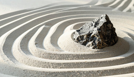 A single, dark stone rests as the focal point in a field of pristine white sand, raked into perfect concentric circles.の素材