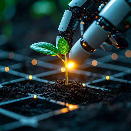 In a vision of the future, a robotic hand gently tends to a fragile, luminous sprout emerging from a digital grid.の素材
