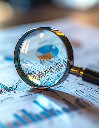 A close-up view through a magnifying glass reveals the critical details of a financial report.の素材
