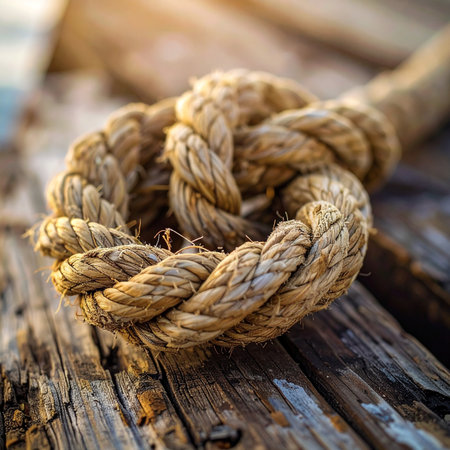 A thick, weathered rope is tied in a secure knot, resting on the aged timber of a sun-drenched pier.の素材