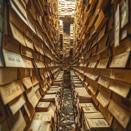A narrow corridor disappears into the distance, flanked by towering shelves overflowing with dusty, forgotten files.の素材
